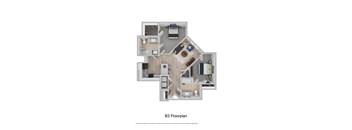 A 3D floor plan of a B3 apartment layout.